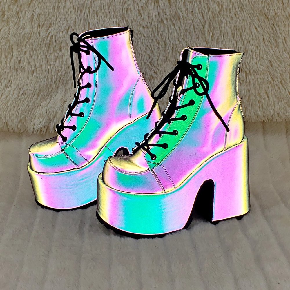 Camel Purple Green Reflective Rave Royalty Festival Platform Ankle Boots - Picture 13 of 15